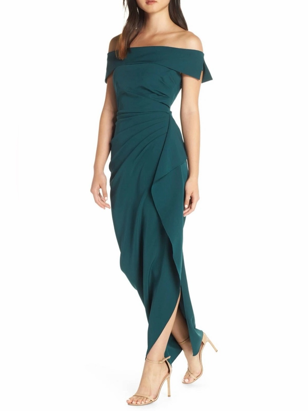VINCE CAMUTO Hunter Cascade Ruffle Pleated Off Shoulder Stretch Maxi Gown 0